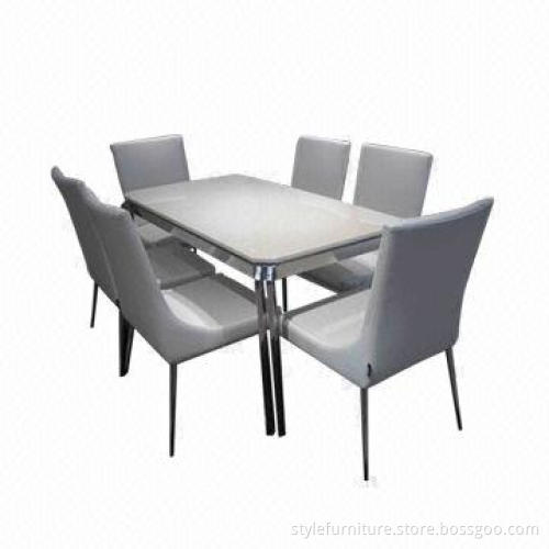 Dining table and chair, table with marble top and stainless metal frame